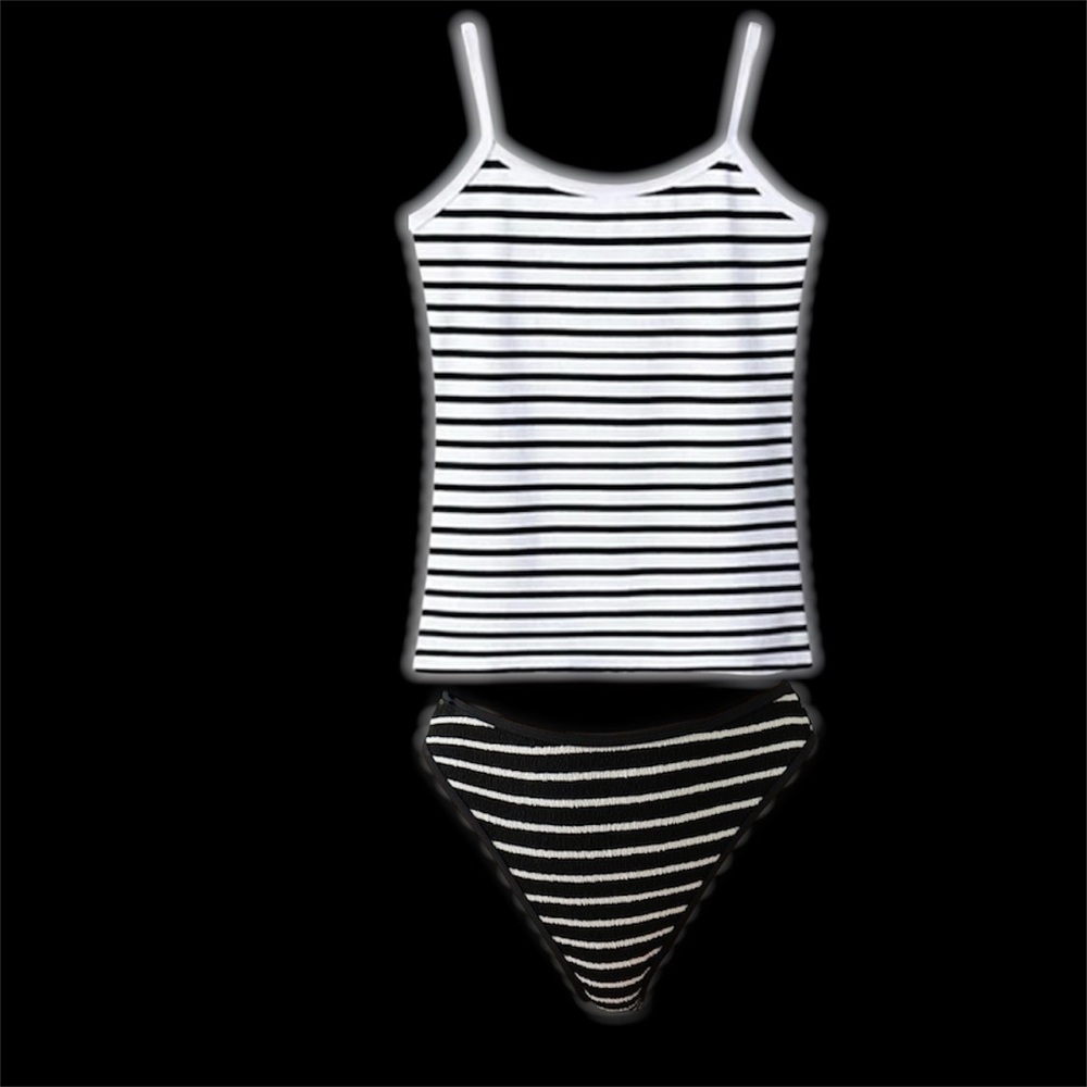 #S23 - Striped White w/Black Ribbed Tank, Black w/White Swim Bottom - Medium